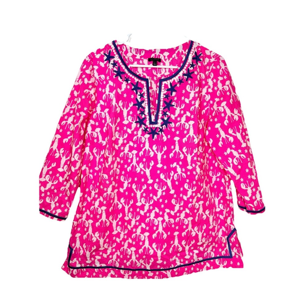 Talbots Womens Sz L Coastal Red White Lobster Print Starfish Cruise Beach Tunic